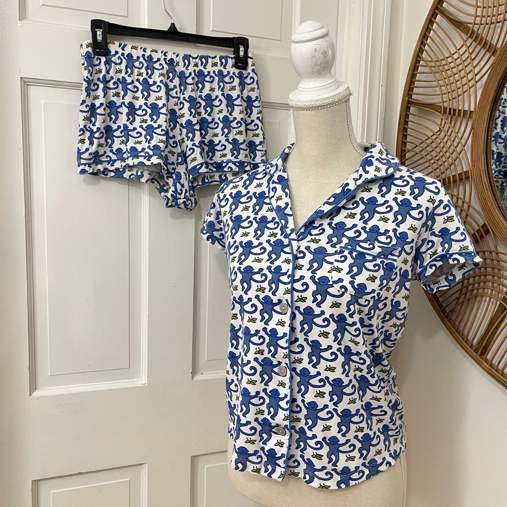 Roller Rabbit Monkey Print Pajama Set XS Blue White Pima Cotton Shorts PJ Luxury